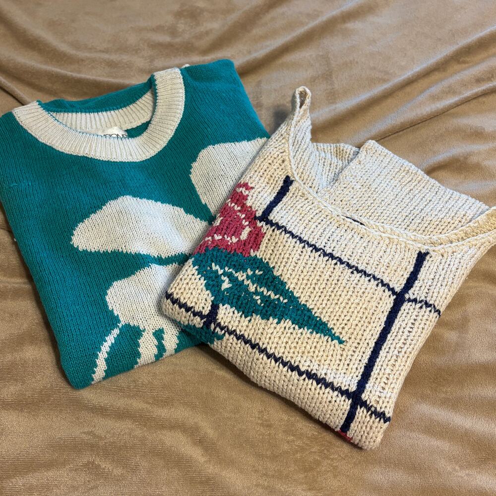 Lot 2 Vintage Knit 1980s Sweaters Floral Sleeveless M Memphis Jones Silk Blend